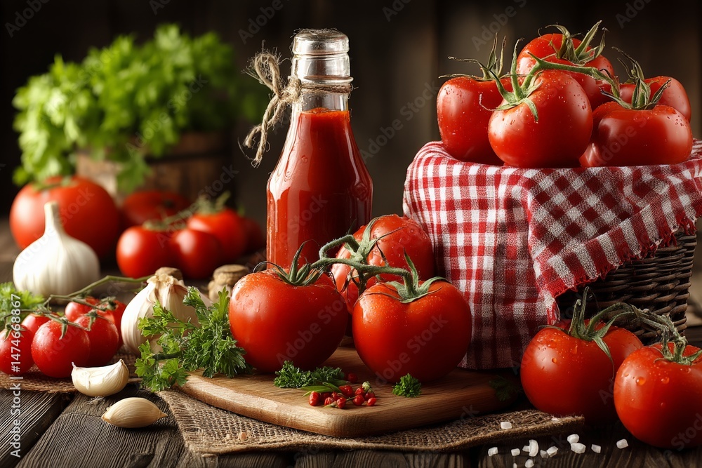 Poster fresh tomatoes and garlic arranged on a wooden table with a bottle of sauce and herbs in a rustic ki