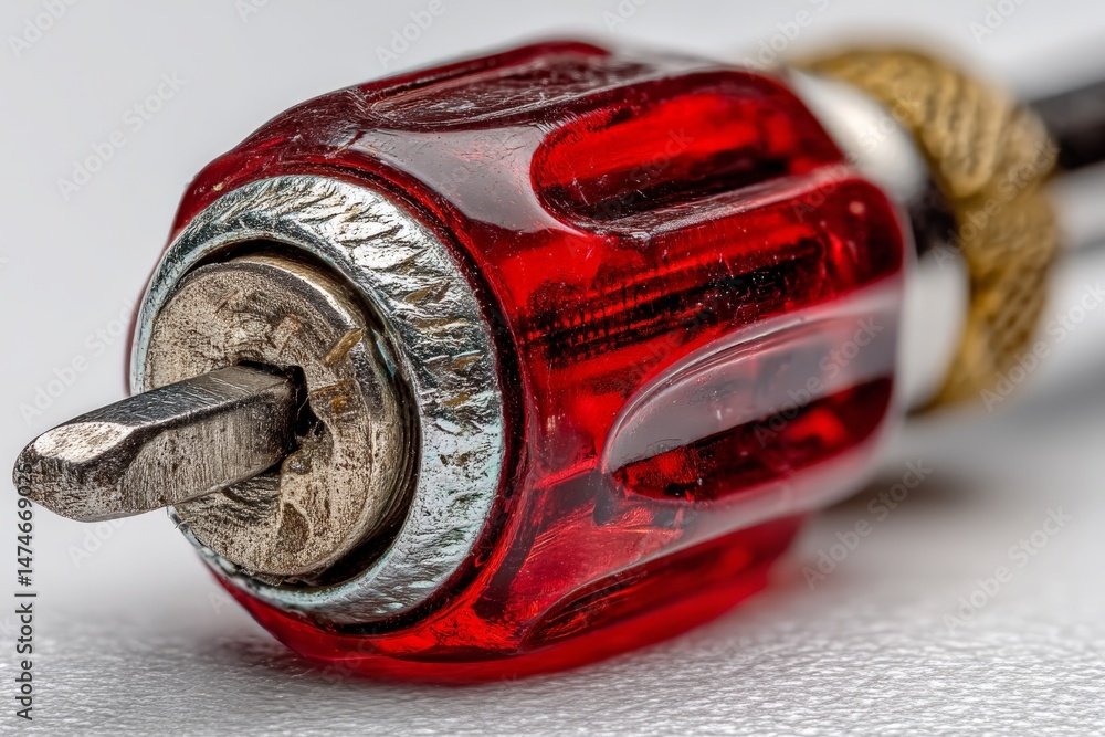 Aufkleber close-up view of a red plastic handled screwdriver resting on a white surface, highlighting its deta