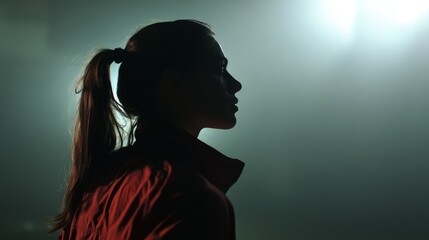 A silhouette of an athletic woman with a ponytail, wearing a red jacket, in a dark room, with a foggy, low-light