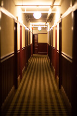 Mysterious hotel hallway, dimly lit with hanging lights, long perspective, striped carpet, vintage...