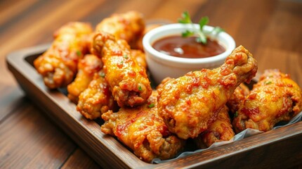 Crispy chicken wings served on a wooden tray with dipping sauce, garnished with herbs, photorealistic style, food photography, no background, high detail.