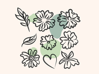 Elegant Line Art Floral Design with Abstract Green Shapes and a Heart