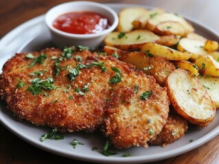 Crispy Breaded Chicken Breast with Roasted Potatoes and Marinara Sauce