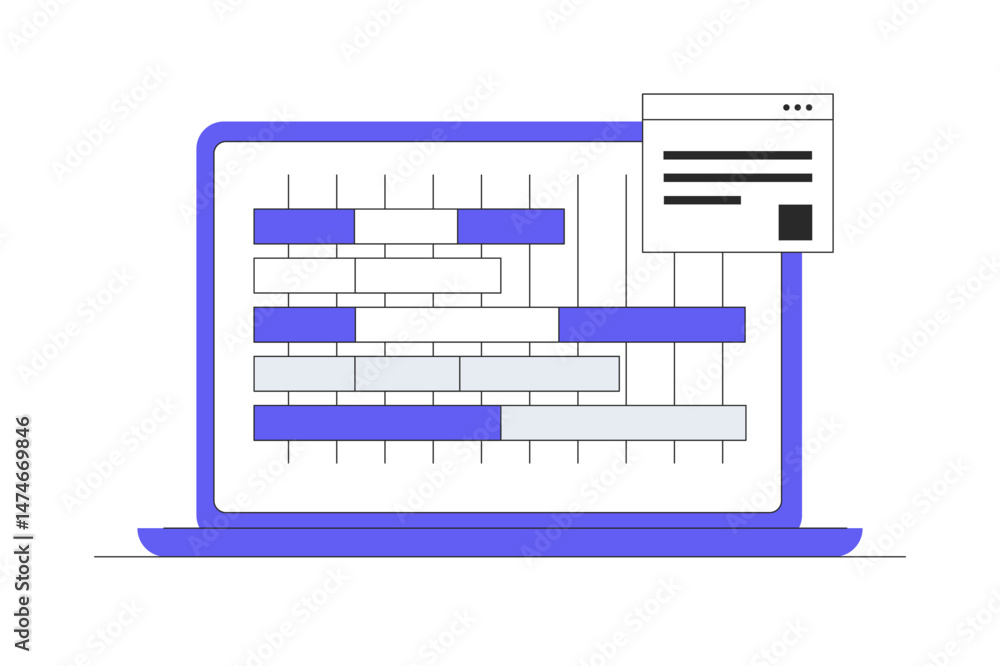 Poster computer laptop displays gantt chart assisting in planning for software development and project mana