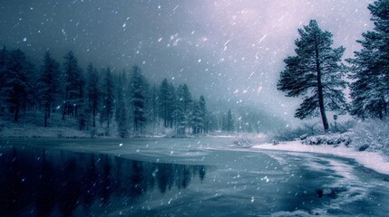 Fototapeta premium A snowy scene of a frozen lake on the edge of a lake and pine tree forest it is snowing, vibrant fantasy world