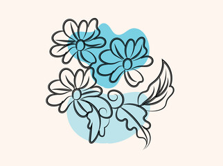 Obraz premium Elegant Line Art Floral Design with Three Daisies and Leaves on a Light Blue Background