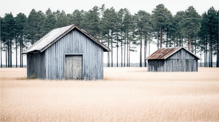 Obraz premium Serene Rustic Barns in Open Field Surrounded by Tall Trees and Grassland in Soft Light