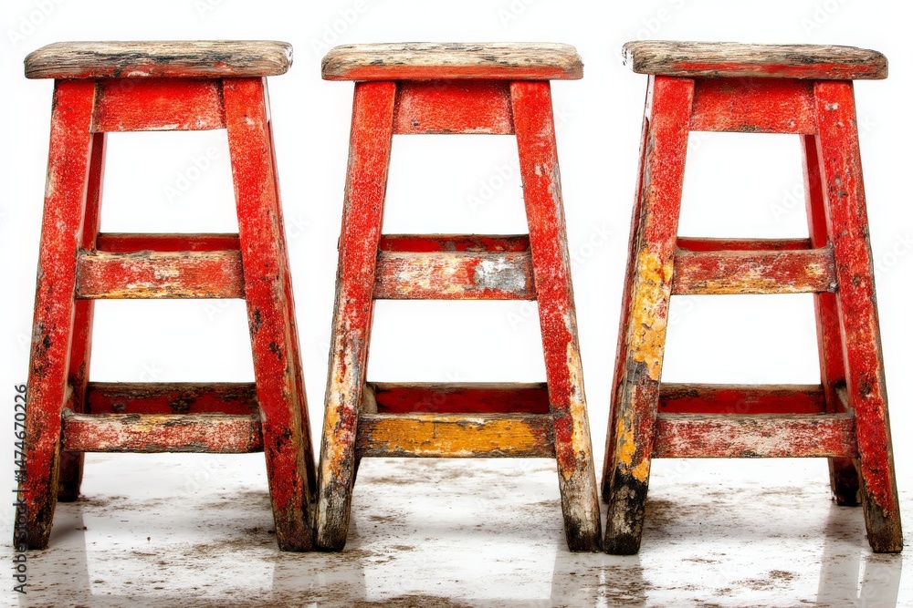 Leinwandbilder Rustic red bar stools arranged in a line on a weathered surface in a well-lit space during daytime