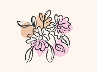 Obraz premium Elegant Line Art Floral Bouquet with Abstract Shapes in Pink and Beige