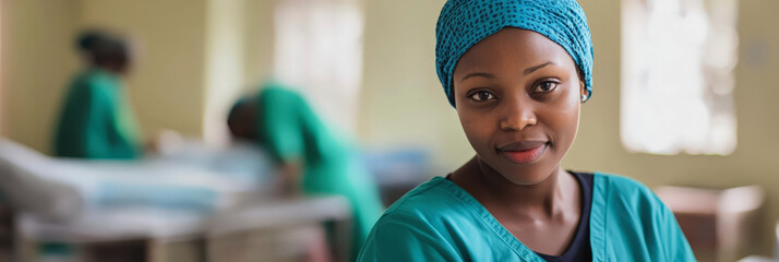 A young Black woman with a teal patterned headscarf and teal scrubs looks calmly at the camera. Two other figures in green scrubs are blurred in the background clinic setting