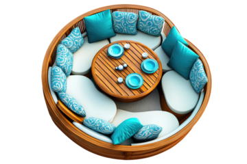 Circular wooden seating with teal cushions & central table