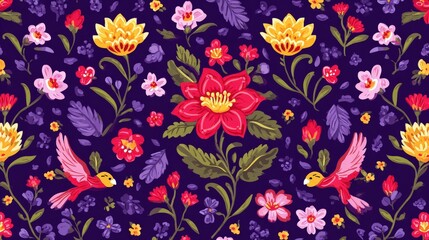 Obraz premium Vibrant Floral Pattern with Colorful Birds on Deep Purple Background for Creative Projects