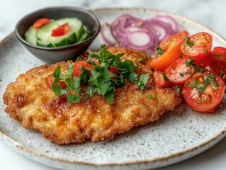Crispy Breaded Chicken Cutlet with Fresh Tomato and Cucumber Salad