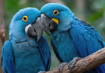 Obraz premium Two blue macaw parrots in love, one bird is holding the other's head with its beak and wings open to keep it safe on its branch
