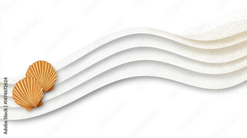 Poster elegant abstract design featuring scallop shells and flowing waves on white background
