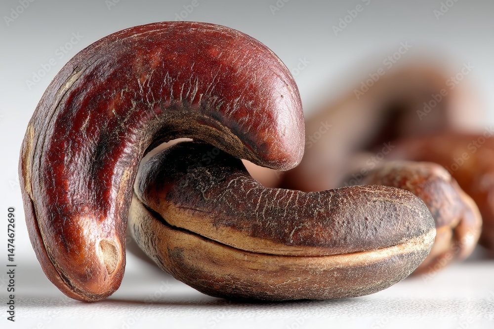 Poster unique close-up of cashew nuts showcasing their distinct shapes and textures on a clean surface