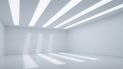 Fototapeta premium Empty white room with vertical light slit openings in the ceiling, creating a minimalist and airy interior design.