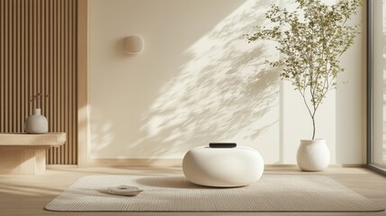 Modern Loft Space with Pouf and Ceramic Display