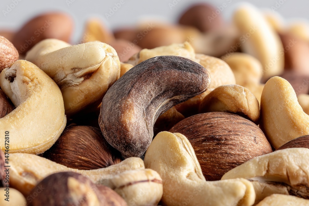 Poster mixed nuts spread out on a surface showcasing various textures and shapes with close-up details