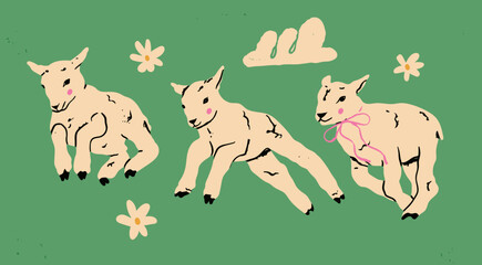 Cute little lambs. Sheep in jumping, running movement. Hand drawn Vector illustration. Count sheep, farm concept. Print, postcard, invitation design template. Isolated elements