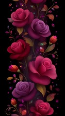 A vertical arrangement of dark pink and purple roses with glowing accents on a black background.