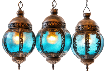Three teal glass lanterns with ornate bronze frames hanging