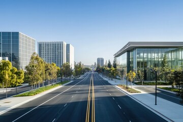 Fototapeta premium Urban road view with modern office buildings, green trees, and clear blue sky