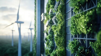 a green city surrounded by wind turbines and trees, landscape of a future city