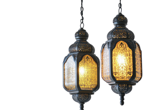 Elegant, ornate hanging lanterns with warm, glowing light