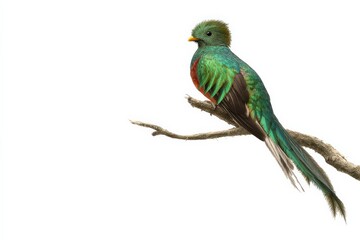 Fototapeta premium Resplendent Quetzal perched on a branch. Vibrant green, red, and black plumage against a white background.