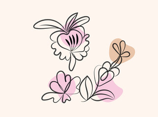 Abstract Floral Line Art Design with Pink and Beige Shapes