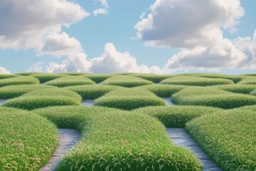 Lush grassy patches on stone pathways under a partly cloudy sky