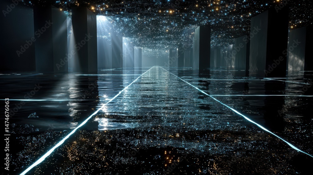 Poster sea of data submerged in the metaverse abstract floor technology background with blue led light.stock image