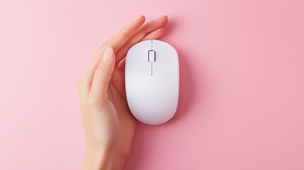 A woman's hand holding a white wireless computer mouse on a pastel pink background.