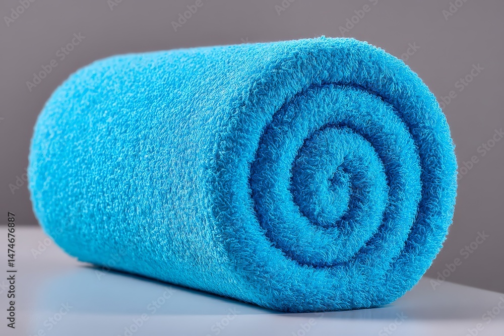 Aufkleber Bright blue rolled towel displayed on a simple surface against a neutral background creating a clean and fresh atmosphere