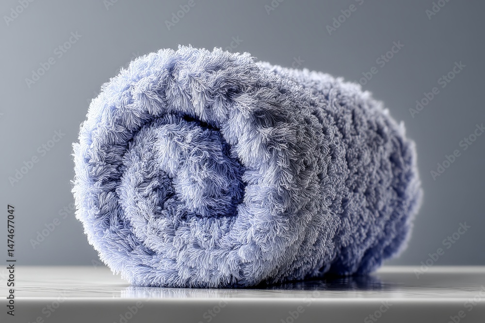 Poster Soft lavender towel rolled neatly on a smooth countertop for a relaxing atmosphere