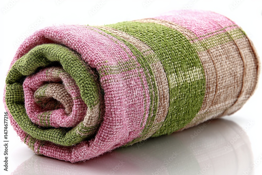 Aufkleber Soft and colorful rolled towel resting on a reflective surface with a cozy design and texture in natural colors