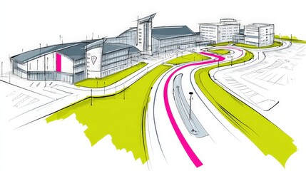 Modern Architectural Design of Educational Institution with Curved Road and Green Spaces