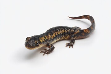 Fototapeta premium Close-up of a dark-colored salamander with yellow spots, crawling on a white background.