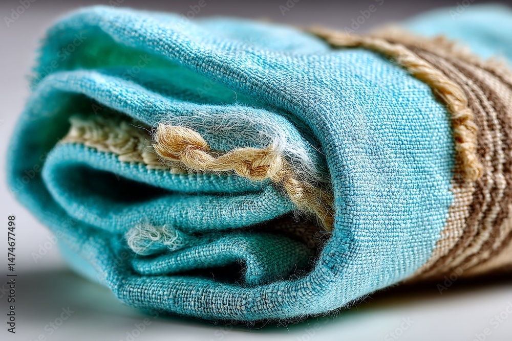 Poster Soft fabric towel rolled with light blue and beige threads on a neutral surface in a bright setting