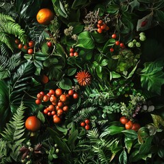 Lush greenery with vibrant orange fruits and berries