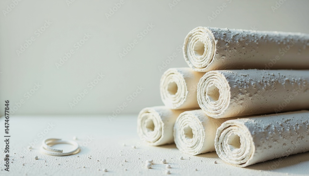 Poster a stack of white rolls of paper with a white object in the foreground. the rolls are piled on top of