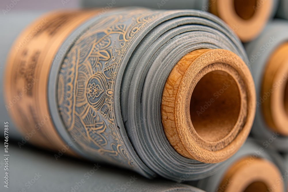 Poster intricate gray decorative rolls arranged for crafting and artistic projects in a bright workspace