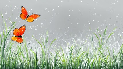 abstract natural background with butterflies and green grass