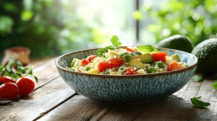 Healthy quinoa salad with avocado, tomatoes, and herbs