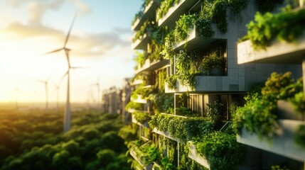a green city surrounded by wind turbines and trees, landscape of a future city