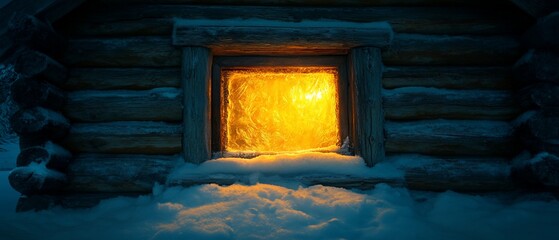 Cabin window glows warmly in the winter snow, promising cozy shelter