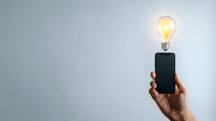 Modern smartphone technology concept with a glowing light bulb.