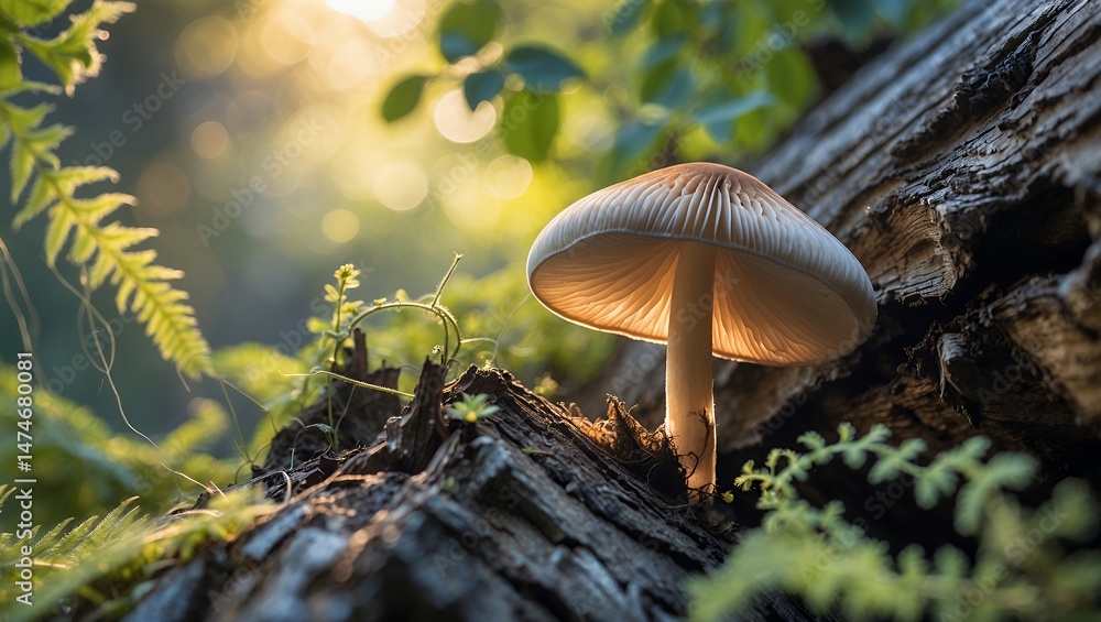 Poster mushroom growing on log in forest with soft sunlight