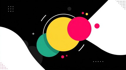 Obraz premium Colorful Geometric Shapes with Bright Circles on a Black Background for Modern Design Projects